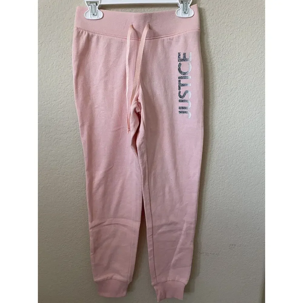 Justice Pink Silver Ombré Sparkle Logo Mid Rise Full Length Joggers Pants Size 8
